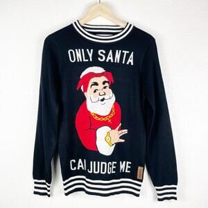 Tipsey Elves Men's Size Small Black White Stripe Gangster Santa Sweater Ugly GUC